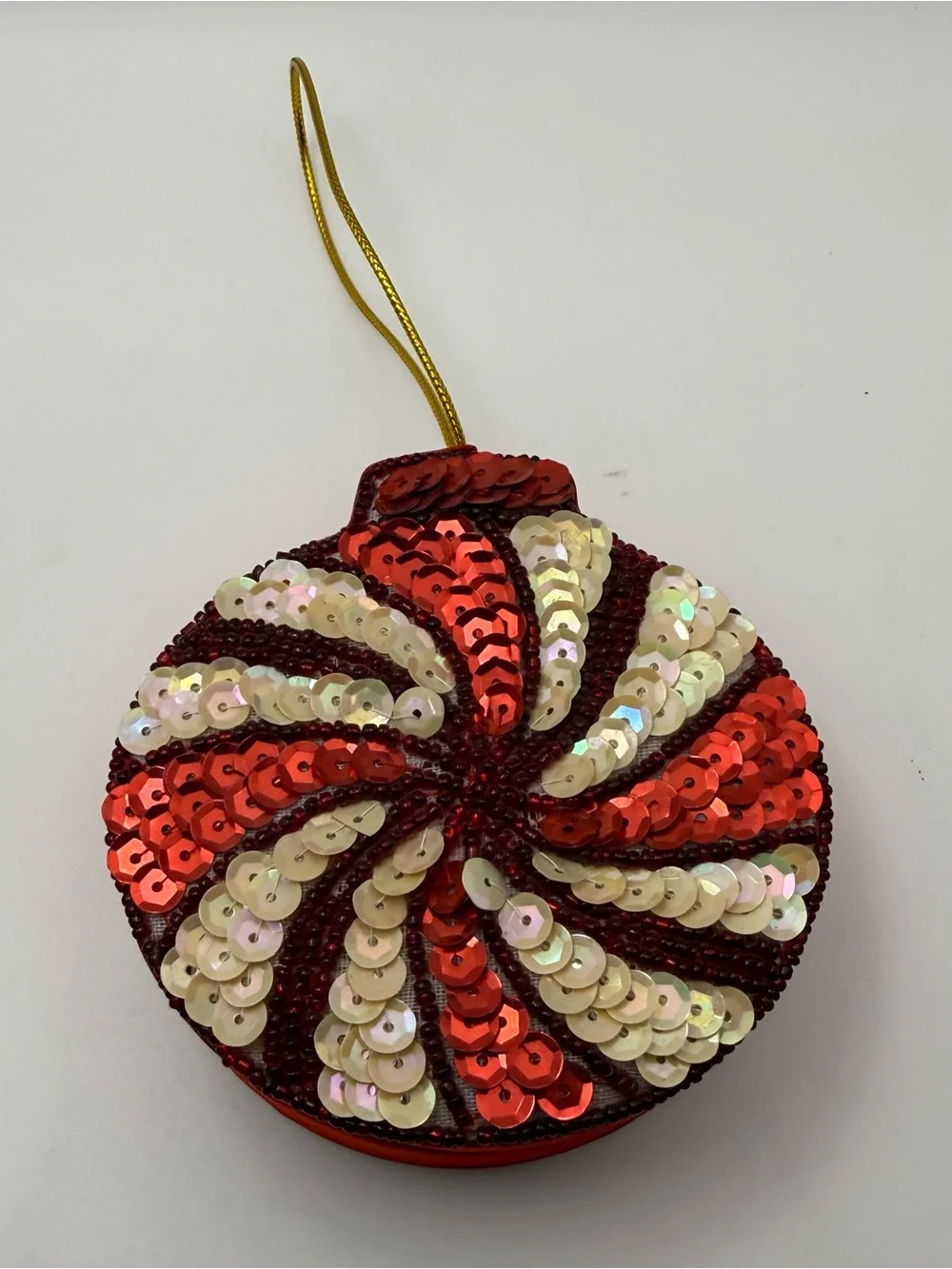 Red & White Sequin Fabric Hanging Christmas Ornament, Round Peppermint Swirl